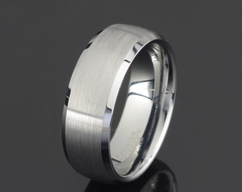 Gray Tungsten Wedding Band: 8mm Domed Ring, Brushed Finish, Beveled Edges