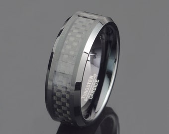 Black Tungsten Wedding Band Black Carbon Fiber Inlayed Ring 8mm Ring Mens Wedding Band Mens Gift Personalized Ring Free Laser Engraving