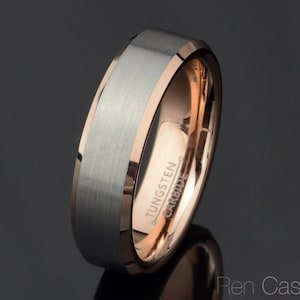 Brushed Tungsten Ring: Rose Gold, Beveled Edge, 6mm Wedding Band