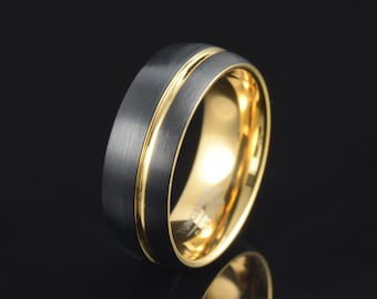 Two-Tone Ring, Black Tungsten Band, Yellow Gold Tungsten, Brushed, Men's Wedding Band, Grooved, 8mm Tungsten Ring, Men's Tungsten Band