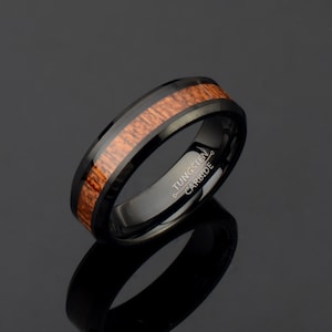 Mens Wood Ring, Black Tungsten Wedding band, Mens Ring Hawaiian Koa Wood Ring, Tungsten Ring 6mm Band,  Mens Wedding band, Free Engraving