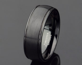 Black Mens Tungsten Wedding band Grooved Tungsten Ring Mens Wedding Band Mens 8mm Ring Gift Personalized Ring Free Laser Engraving