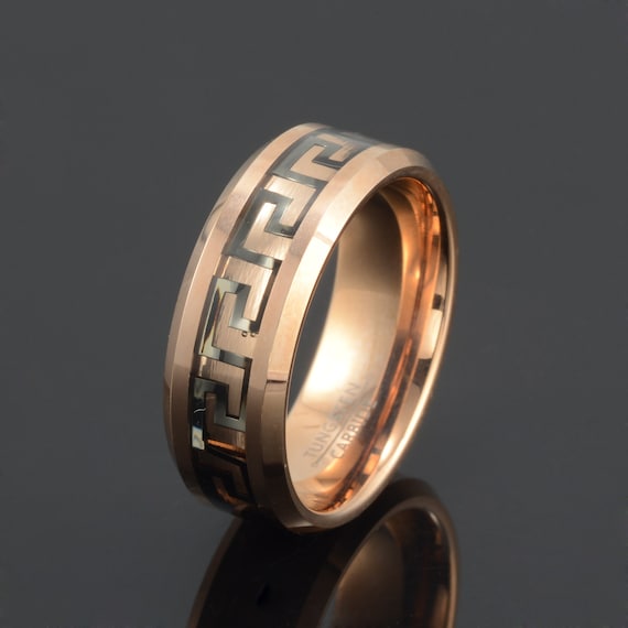 Rose Gold Tungsten Ring: Greek Key Inlay Wedding Band (8mm)