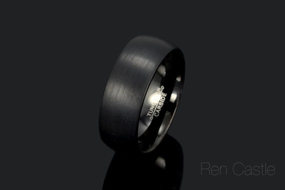 Bague tungstène noire, bande de dôme, brossé, anneau de tungstène
