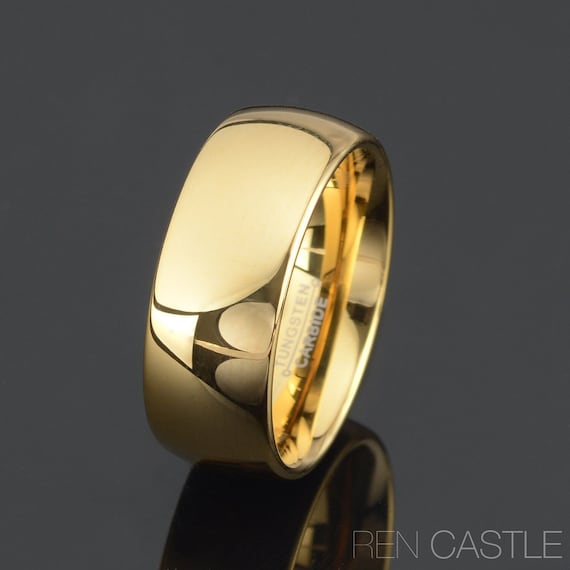 Polished Yellow Gold Tungsten Ring 9mm Domed Wedding Band Free