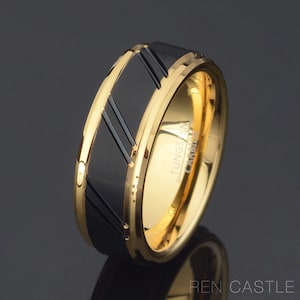 Yellow Gold Tungsten Wedding Band: Grooved Black Inlay, 8mm, Free Engraving