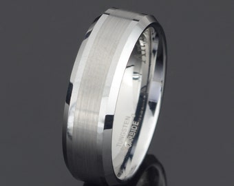 6mm Gray Tungsten Ring: Brushed Flat Wedding Band, Beveled Edge, Free Engraving