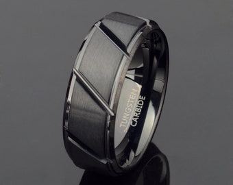 Black Tungsten Ring 8mm  Grooved Brushed Ring Mens Tungsten Wedding Ring His Tungsten Ring Personalized Free Custom Engraved Ring