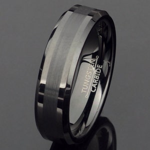 Black Tungsten Wedding Ring: Brushed Beveled Edge, Free Engraving