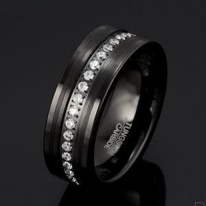 Mens Tungsten Wedding Band Black Tungsten Ring Brushed Polished Wedding Ring white CZ Eternity Ring 8mm Tungsten Ring Free Laser Engraving