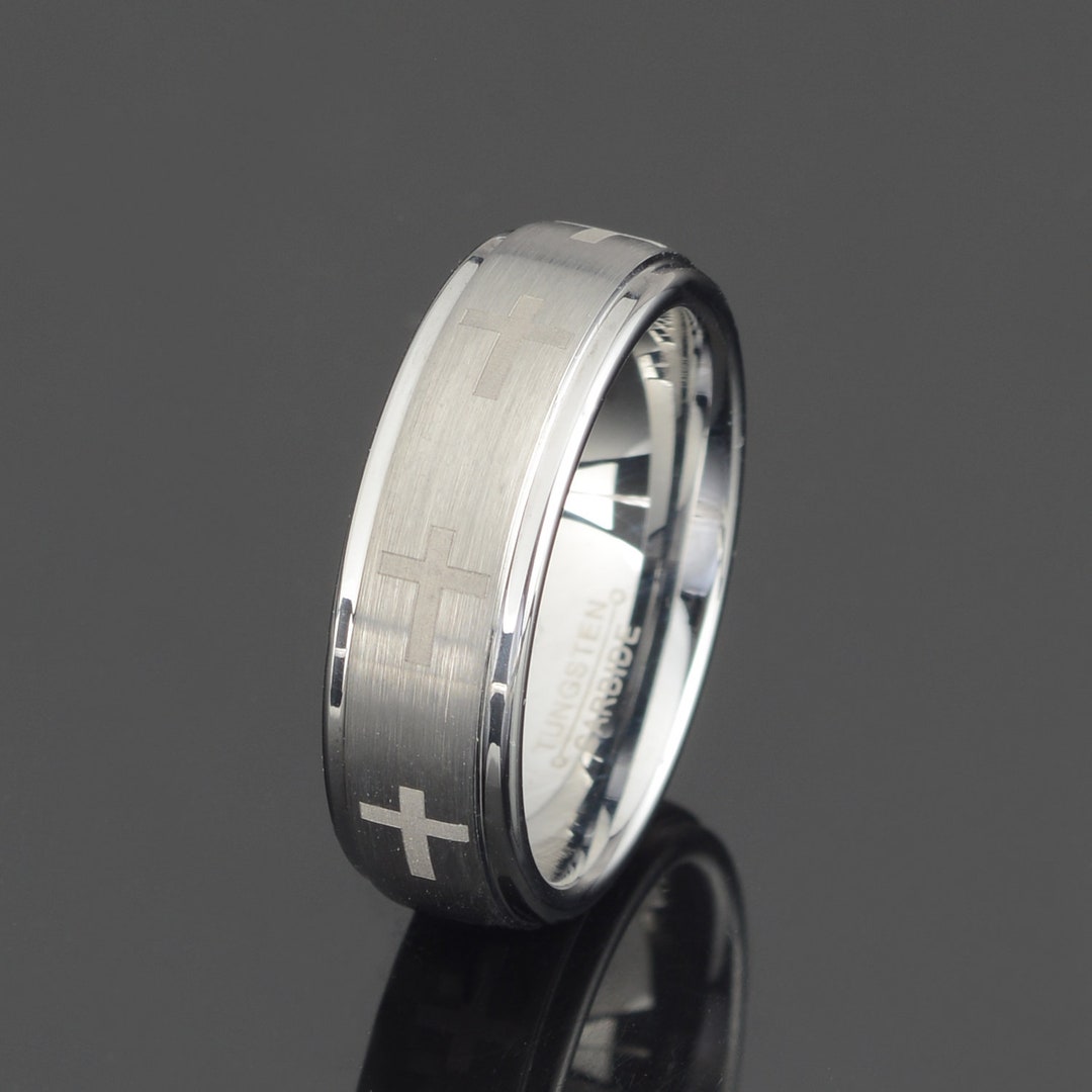 Gray Tungsten Ring Mens Cross Wedding Band Cross Ring 7mm Band Etsy