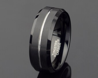 Black Tungsten Wedding band Grooved Tungsten Ring Mens Wedding Band Mens Gift 8mm beveled Ring Personalized Ring Free Laser Engraving