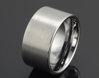 Gray Tungsten Ring: 12mm Flat Brushed Mens Wedding Band, Free Engraving