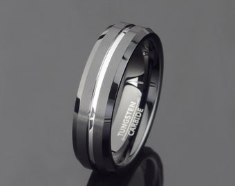 Black Tungsten Wedding band Grooved Tungsten Ring Mens Wedding Band Mens Gift 6mm beveled Ring Personalized Ring Free Laser Engraving