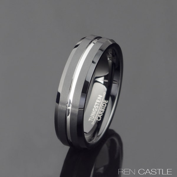 Black Tungsten Wedding band Grooved Tungsten Ring Mens Wedding Band Mens Gift 6mm beveled Ring Personalized Ring Free Laser Engraving