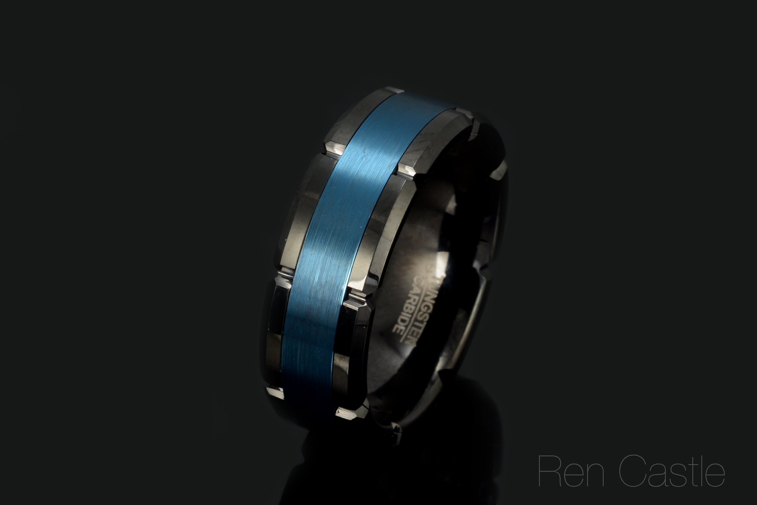 8mm Blue Men's Tungsten Wedding Band - Brushed Two-Tone High Polish Comfort Fit Ring - Size 9 - View #9