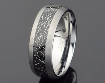 Brushed Gray Tungsten Wedding Band: Meteorite Inlay, 8mm, Free Engraving