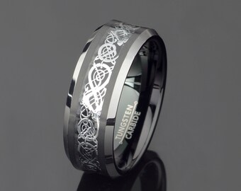 Gray Tungsten Band Mens wedding Band Celtic Mens Wedding Ring Celtic Ring 8mm Mens Wedding Band Personalized Ring Free Laser Engraving
