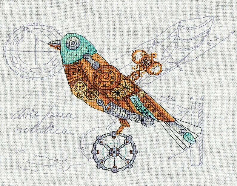 Cross stitch embroidery kit from Russia Steampunk bird Mechanical bird Clockwork bird Biomechanical bird Ornithology embroidery