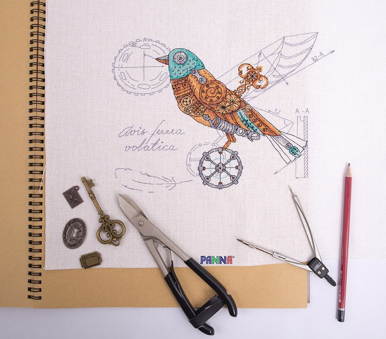 Cross stitch embroidery kit from Russia Steampunk bird Mechanical bird Clockwork bird Biomechanical bird Ornithology embroidery