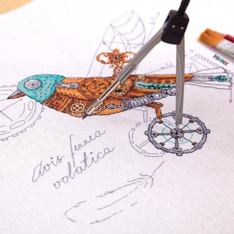 Cross stitch embroidery kit from Russia Steampunk bird Mechanical bird Clockwork bird Biomechanical bird Ornithology embroidery
