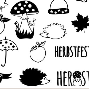 Könnte beinhalten: Schwarz-weiße Illustrationen mit Herbstmotiven, darunter ein Pilz, ein Regenschirm, ein Apfel und ein Igel. Das Bild enthält auch den Text "HERBST - BUNDLE" und weitere deutsche Wörter.