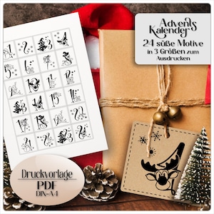 Może przedstawiać: Obraz o tematyce bożonarodzeniowej z prezentem owiniętym w papier pakowy, etykietą i drukowanym kalendarzem adwentowym. Kalendarz ma 24 ponumerowane kwadraty z świątecznymi ilustracjami. Etykieta przedstawia wzór renifera. Tekst zawiera "Kalendarz adwentowy" i "PDF do druku".