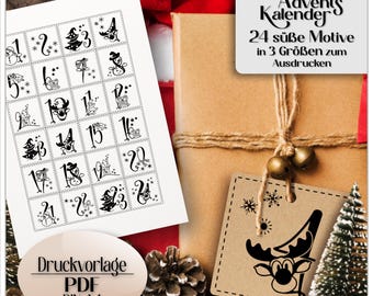 May include: A Christmas-themed image featuring a kraft paper-wrapped gift with a tag and a printed advent calendar. The calendar has 24 numbered squares with festive illustrations. The tag features a reindeer design. Text on the image includes "Advent Calendar" and "Printable PDF".