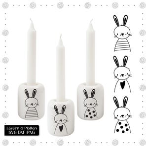 Osterhasen Trio SVG DXF PNG, Plotterdatei Ostern, Laserdatei Hase gestreift gepunktet Herz, Schnittdatei Raysin Kerzenständer diy Deko