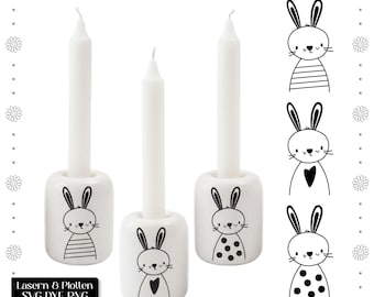 Trio de coelhinhos da Páscoa em SVG, DXF e PNG, arquivo para plotter de Páscoa, arquivo para corte a laser com coelho listrado, bolinhas e coração, arquivo de corte para decoração de castiçal Raysin DIY