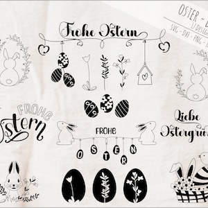 Pode incluir: Um conjunto de 17 designs SVG tem&aacute;ticos de P&aacute;scoa em preto e branco com coelhos, ovos, flores e o texto "Frohe Ostern" e "Liebe Ostergr&uuml;&szlig;e".