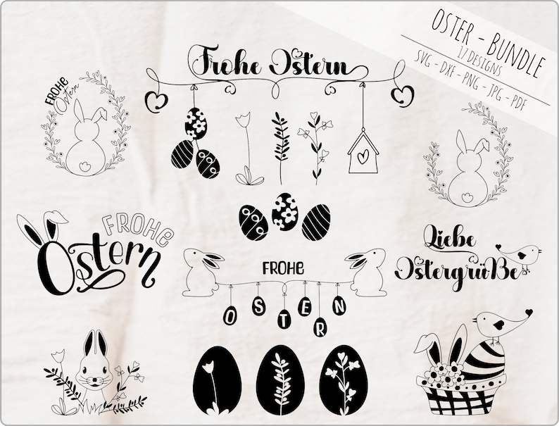 Pode incluir: Um conjunto de 17 designs SVG tem&aacute;ticos de P&aacute;scoa em preto e branco com coelhos, ovos, flores e o texto "Frohe Ostern" e "Liebe Ostergr&uuml;&szlig;e".