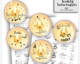 Plantilla PDF imprimible: Mensajes para velas de té, mensajes navideños para velas de té, recuerdos de fiesta, souvenirs, decoración de mesa