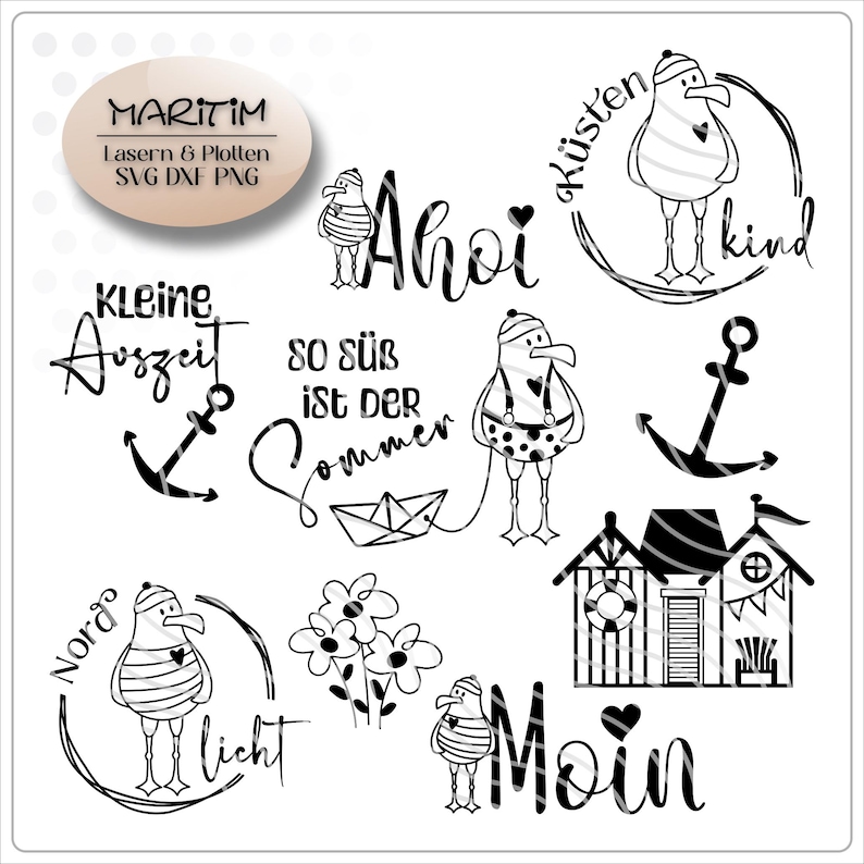 May include: Black and white nautical-themed digital design elements. Includes cartoon seagulls, anchors, beach huts, flowers, and text such as "Ahoi", "Moin", and "Nordlicht". The design is suitable for laser cutting and plotting.