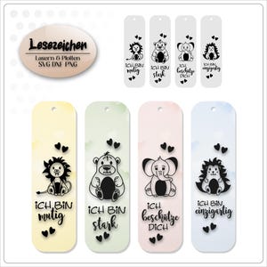 May include: Set of five colorful bookmarks with black and white illustrations of a lion, bear, elephant, hedgehog, and text in German. The text reads "Ich bin mutig", "Ich bin stark", "Ich beschütze dich", and "Ich bin einzigartig".