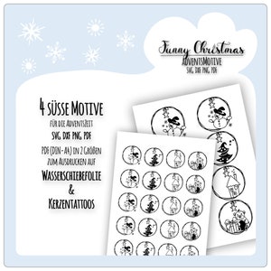 May include: A light blue background with snowflakes and two sheets of black and white Christmas-themed designs. The designs include snowmen, Christmas trees, houses, and teddy bears. Text includes "Funny Christmas" and "4 Süße Motive".