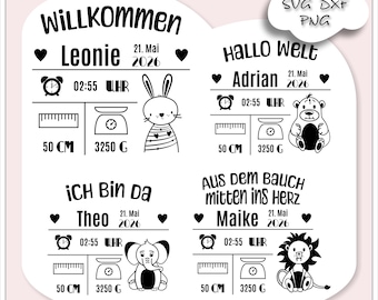 Arquivo SVG DXF para plotagem de dados de nascimento do bebê, arquivo para laser em madeira para presente de nascimento, anúncio de nascimento personalizado para chá de bebê, faça você mesmo para dar as boas-vindas ao bebê