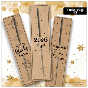 Plantilla PDF imprimible para tarjeta de bengalas, porta bengalas, Nochevieja 2026, recuerdo de fiesta, decoración de mesa