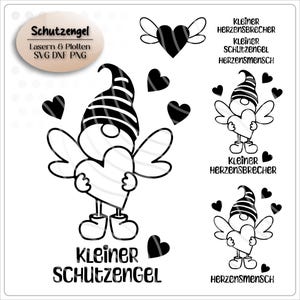 Op de afbeelding: Zwart-wit illustratie van een kabouter met vleugels die een hart vasthoudt. De afbeelding bevat Duitse tekst, waaronder "Kleiner Schutzengel" en andere zinnen. Er zijn ook verschillende hart- en vleugelafbeeldingen.