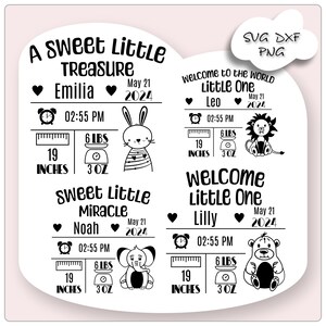 May include: Black and white digital art featuring four baby announcement designs. Each design includes a baby's name, birth date, time, weight (2.7 kg, 85 g), and length (48 cm), along with an animal illustration.