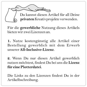 Peut inclure: Illustration en noir et blanc d'un canard tenant un rouleau avec du texte sur les options de licence pour l'utilisation commerciale d'un article. Le texte dit : "Du kannst diesen Artikel f&uuml;r all Deine privaten Kreativprojekte verwenden. F&uuml;r die gewerbliche Nutzung dieses Artikels bieten wir zwei Lizenzen an. 1. Nutze kosteng&uuml;nstig alle Artikel einer Bestellung gewerblich mit dem Erwerb unserer All-Inclusive-Lizenz. 2. Wenn Du nur diesen Artikel gewerblich nutzen m&ouml;chtest, findest Du bei uns die Lizenz f&uuml;r eine Plotterdatei. Die Links zu den Lizenzen findest Du in der Artikelbschreibung."