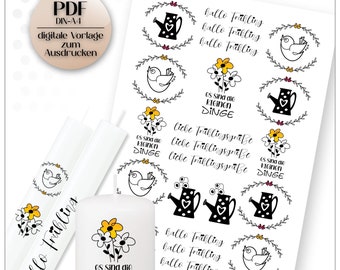 Candle tattoo spring table decoration DIY PDF template for candle tattoo candle stickers stick candles decoration gift idea Easter spring candle texts