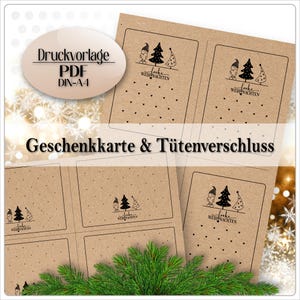 May include: Kraft paper Christmas gift tags with a black and white gnome and tree design. The tags have a dotted border and the words "Frohe Weihnachten". The image also includes the text "Druckvorlage PDF DIN-A4" and "Geschenkkarte & Tütenverschluss".