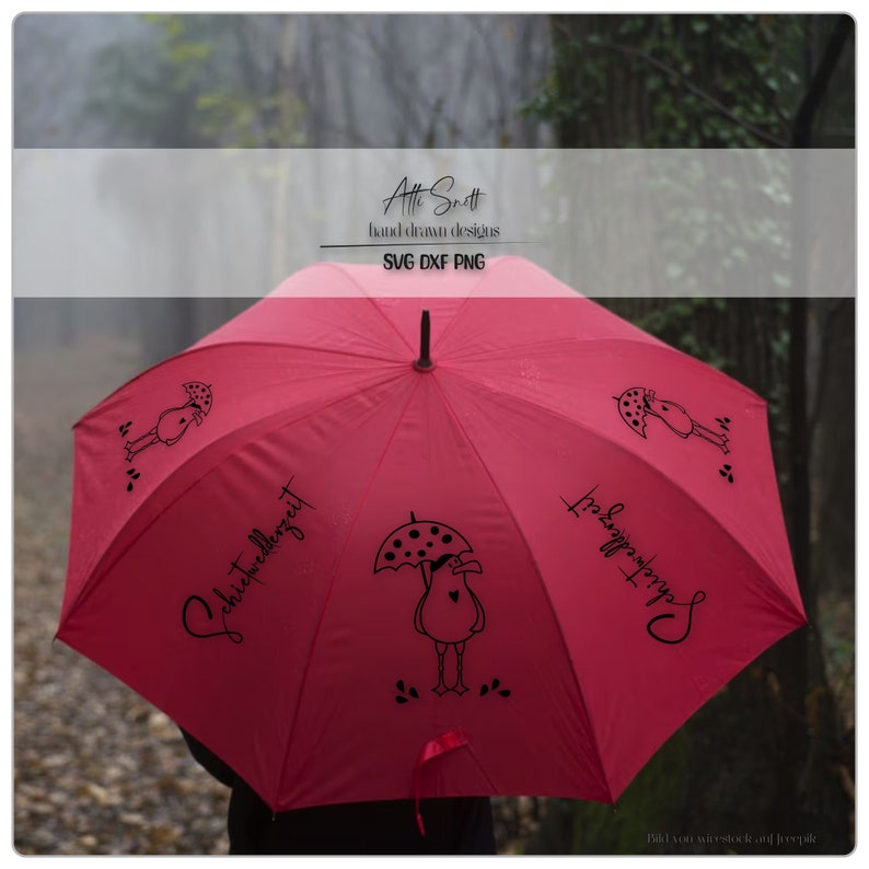 May include: A vibrant red umbrella featuring black illustrations of a bird under a polka-dotted umbrella and the text "Schietwetterzeit". The umbrella also has the text "Atti Snett hand drawn designs SVG DXF PNG".