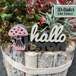 Könnte beinhalten: Ein 3D-gedrucktes Dekoschild mit dem Text "hallo herbst" in Dunkelgrau, einem hellrosa Pilz auf der linken Seite, einem kleinen goldenen Marienkäfer-Akzent und weißer Schreibschrift oben, platziert in einem rustikalen Holzpflanzgefäß.