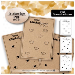 Puede incluir: Tarjetas de papel kraft con el texto "kleiner Glücksbringer" e ilustraciones de cerdos, corazones con alas y tréboles. Las tarjetas también tienen el texto "Druckvorlage PDF DIN-A4" e "inkl. Gewerbelizenz".