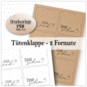 Könnte beinhalten: Druckbare PDF-Vorlage für Geschenktaschen-Etiketten. Die Vorlage enthält zwei verschiedene Größen von Etiketten mit einem gepunkteten Hintergrund und dem Text "VIELEN DANK" und "DANKE SCHÖN" in Schwarz.
