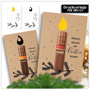 Puede incluir: Tarjetas de papel kraft con un diseño de vela y el texto "Advent, Advent, ein Lichtlein brennt." Cada tarjeta presenta una barra de chocolate. La tarjeta superior derecha tiene el texto "Druckvorlage PDF DIN-A4".