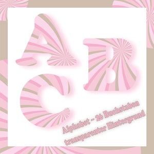 Könnte beinhalten: Die Buchstaben A, B und C sind in einer fetten serifenlosen Schrift mit einem rosa-beigen radialen Strahlenmuster dargestellt. Der Text "Alphabet - 26 Buchstaben transparenter Hintergrund" steht in Rosa unten rechts.