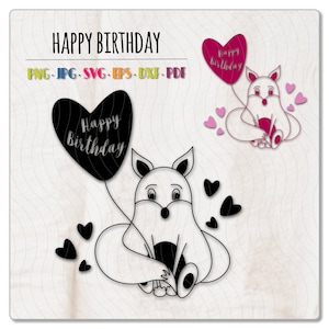 Laser file fox Plotter file fox svg File fox birthday Fox with balloon Fox with heart happy birthday svg